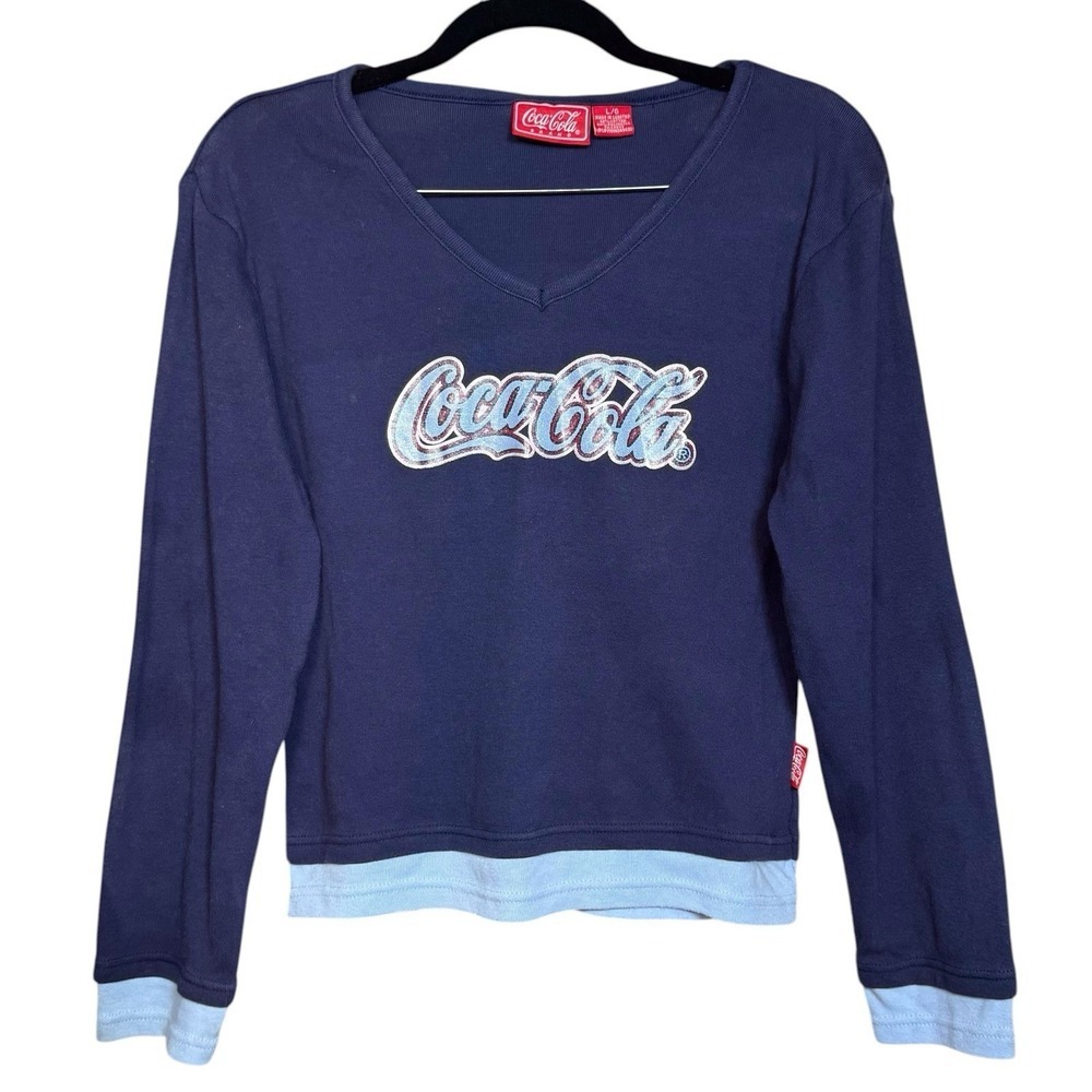 Vintage Y2K Coca-Cola Long Sleeve Shirt Blue Colorblock Womens Size L Licensed